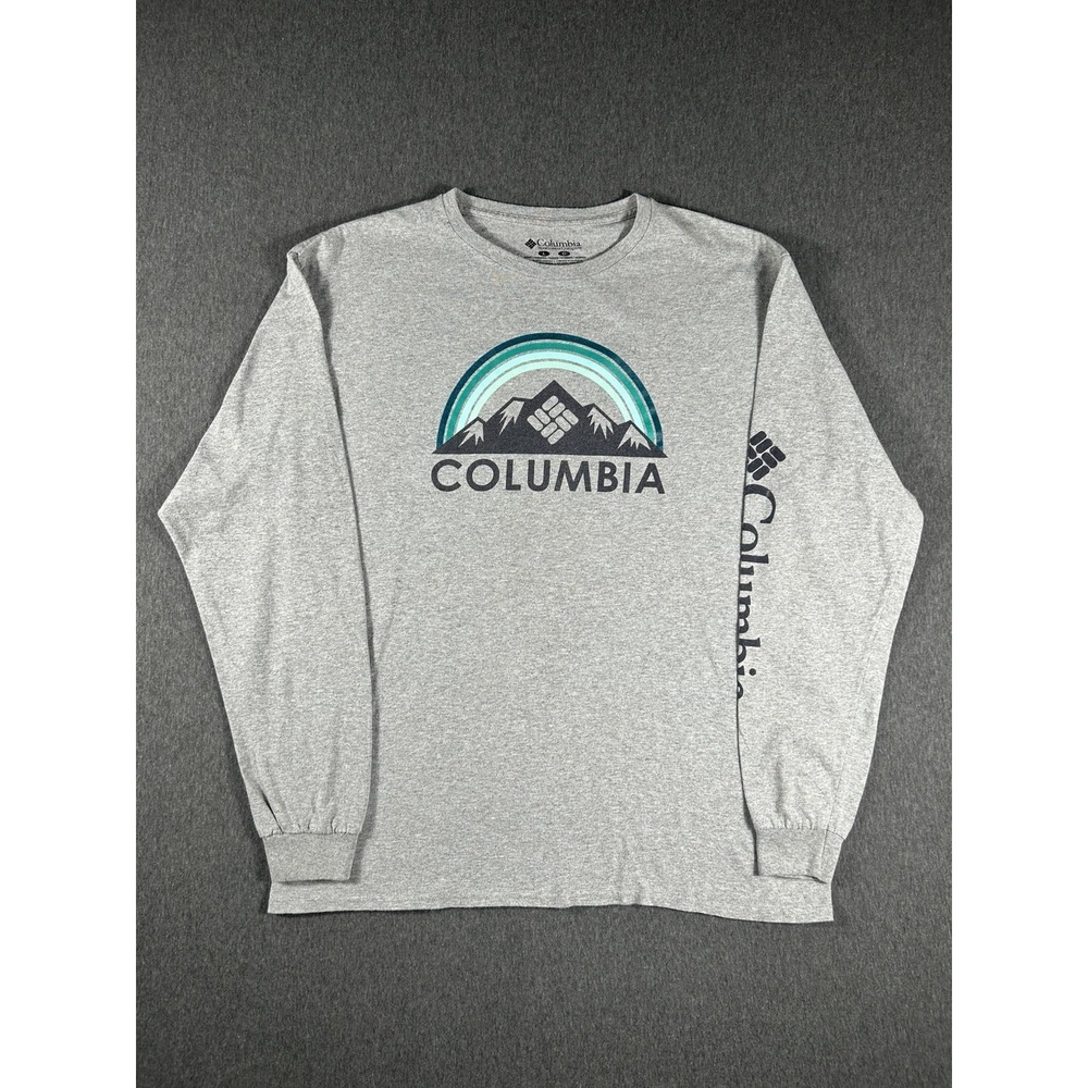 Columbia Mens Gray Long Sleeve Graphic T-Shirt Mountain Rainbow Logo L